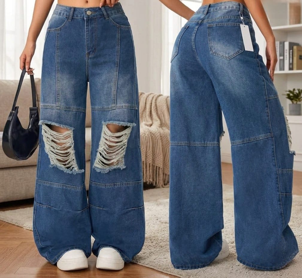 Women’s high-waisted ripped wide-leg jeans with oversized distressed knee panels and utility seam detailing