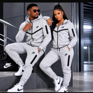Unisex tech fleece zip-up hoodie and tapered jogger tracksuit set with contrast panel detailing