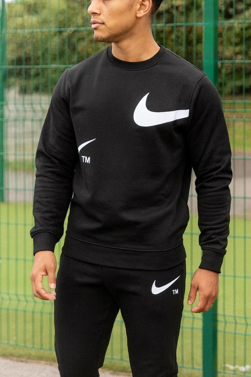 Men’s black premium crewneck tracksuit with bold white chest graphic and matching graphic jogger pants