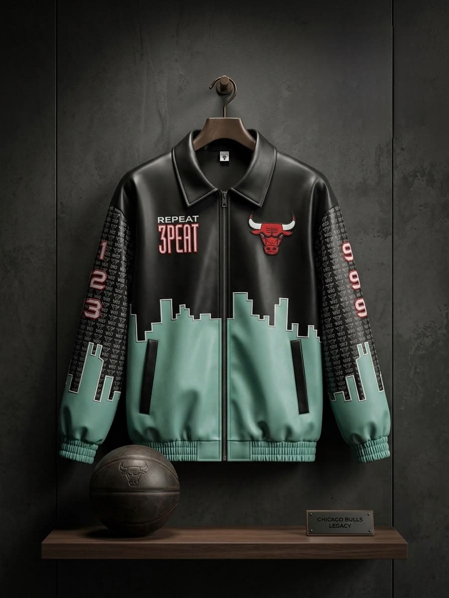 Unisex urban streetwear zip-up jacket with skyline graphic, long sleeves and ribbed trims