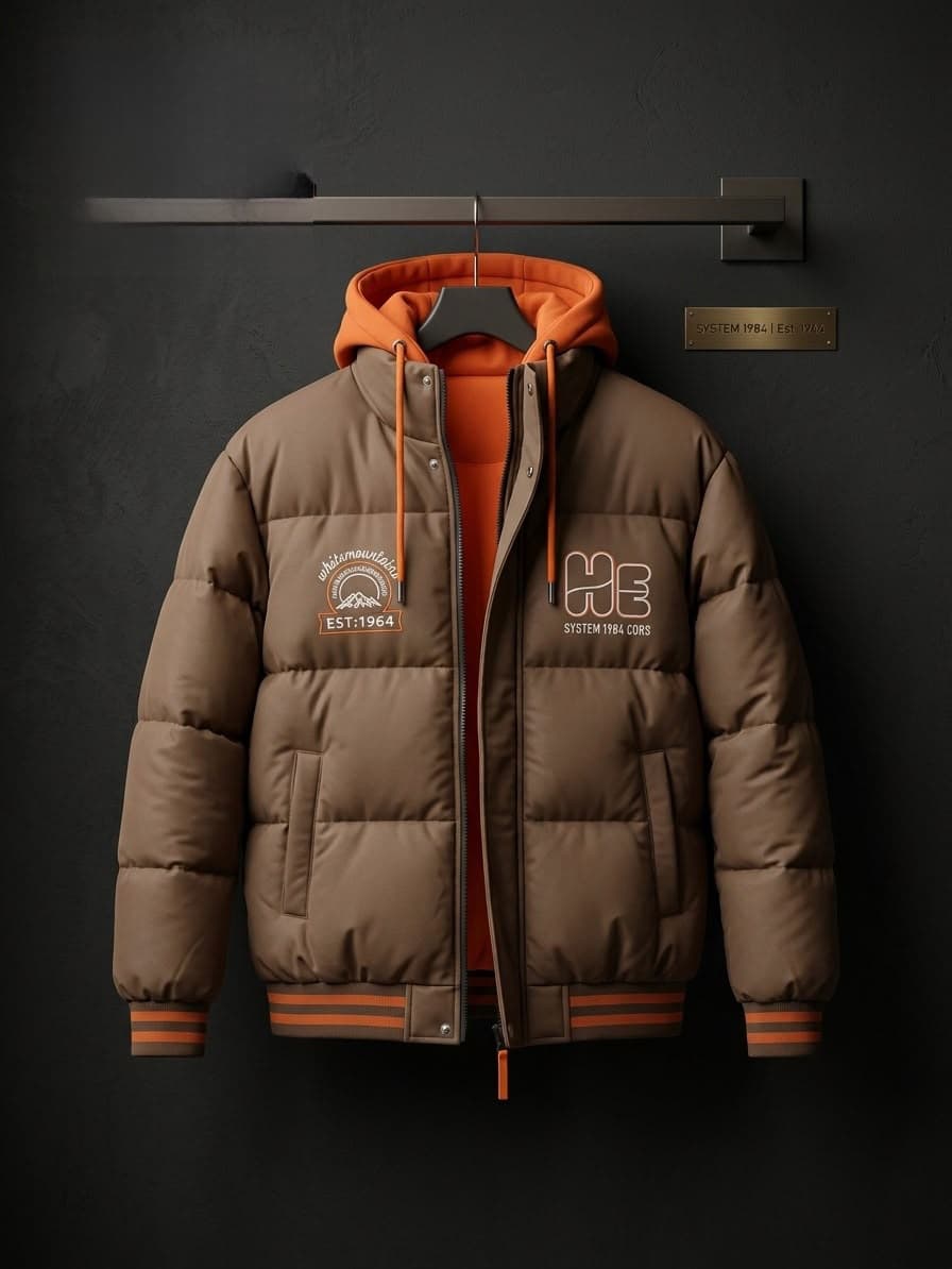Unisex hooded puffer bomber jacket with padded construction, long sleeves and ribbed trims