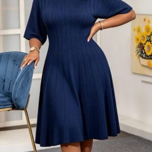 Women’s ribbed fit and flare midi dress with defined waist, relaxed short sleeves and flowing skirt
