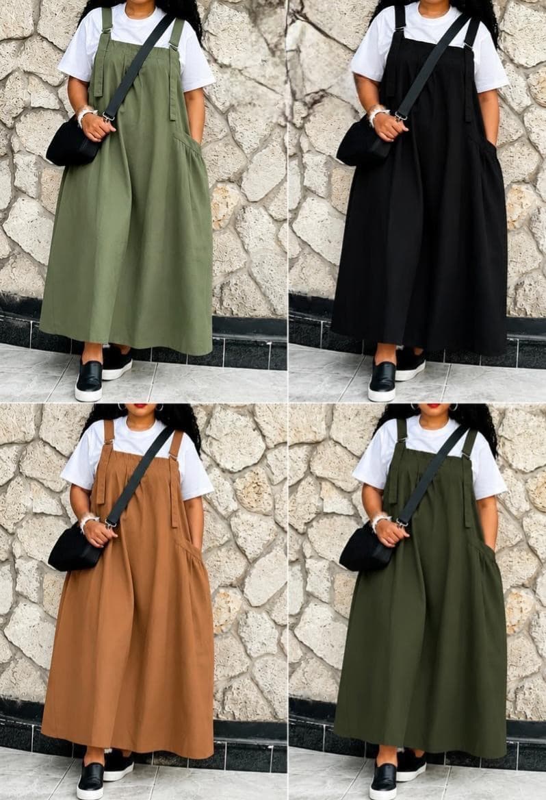 Women’s relaxed pinafore midi dress with wide shoulder straps, flowing A-line silhouette and side pockets