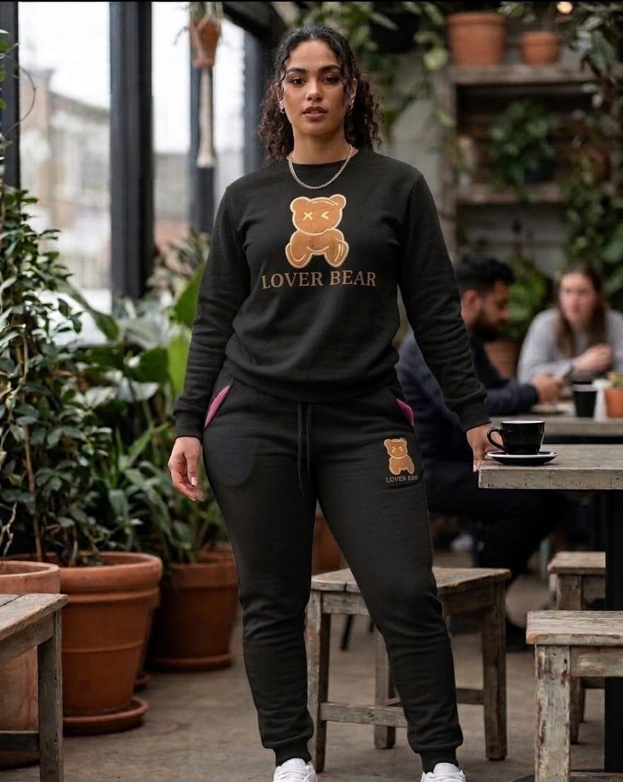 Unisex Lover Bear sweatshirt and jogger set featuring a graphic crew neck sweatshirt, matching jogger pants, and relaxed fit for everyday casual wear.