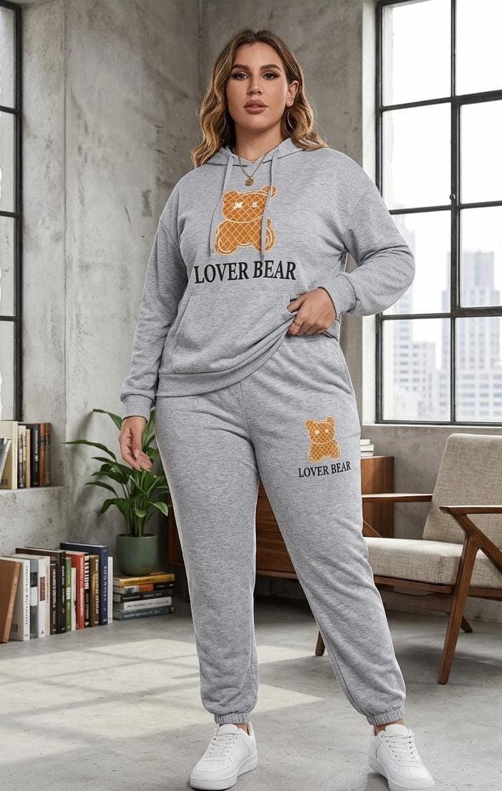 Unisex grey Lover Bear tracksuit set with matching sweatshirt and jogger pants featuring a playful bear graphic for casual everyday wear.