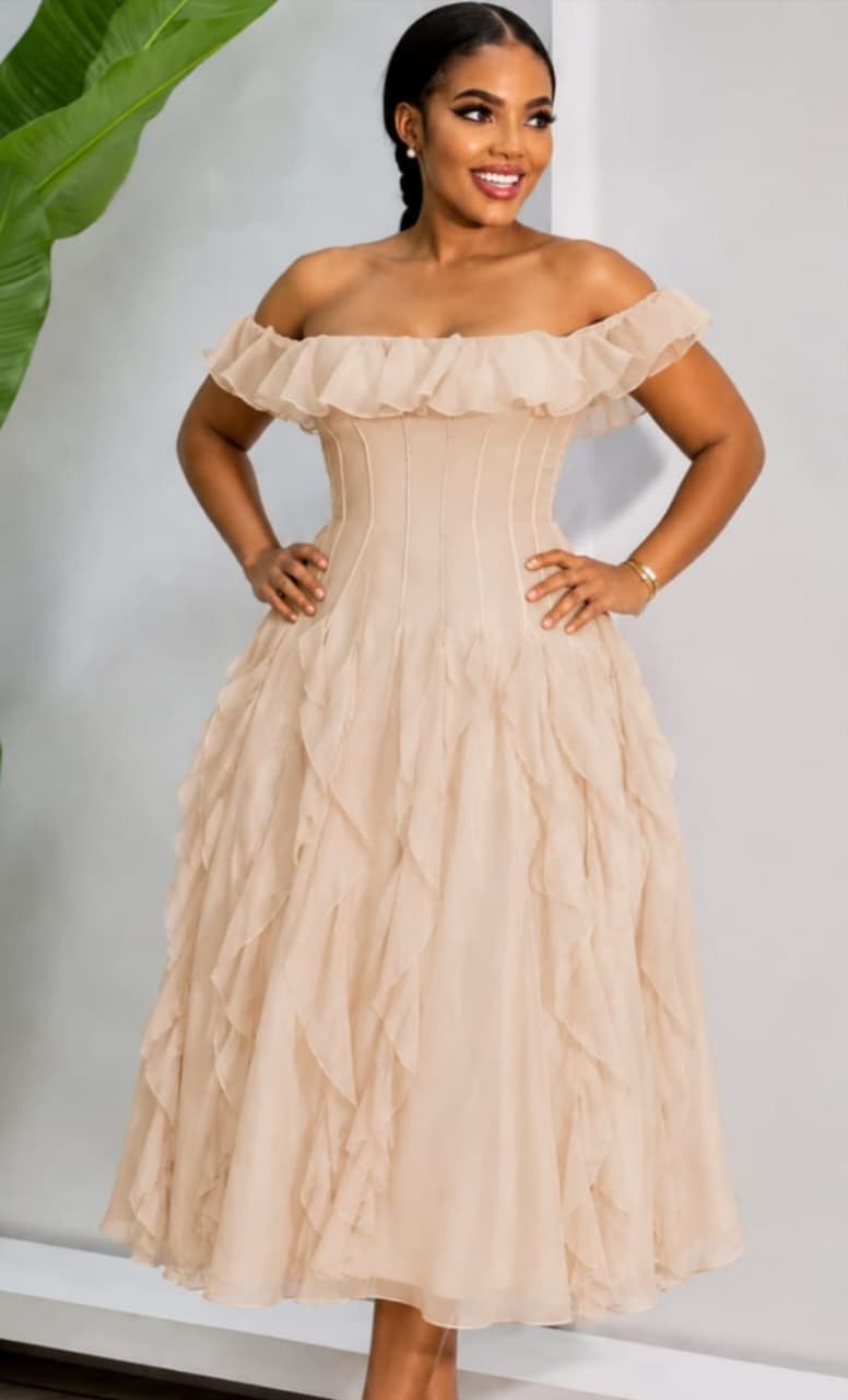 Women's champagne off-shoulder ruffle maxi dress with a fitted bodice and flowing layered skirt, designed for weddings, formal occasions, and elegant events.