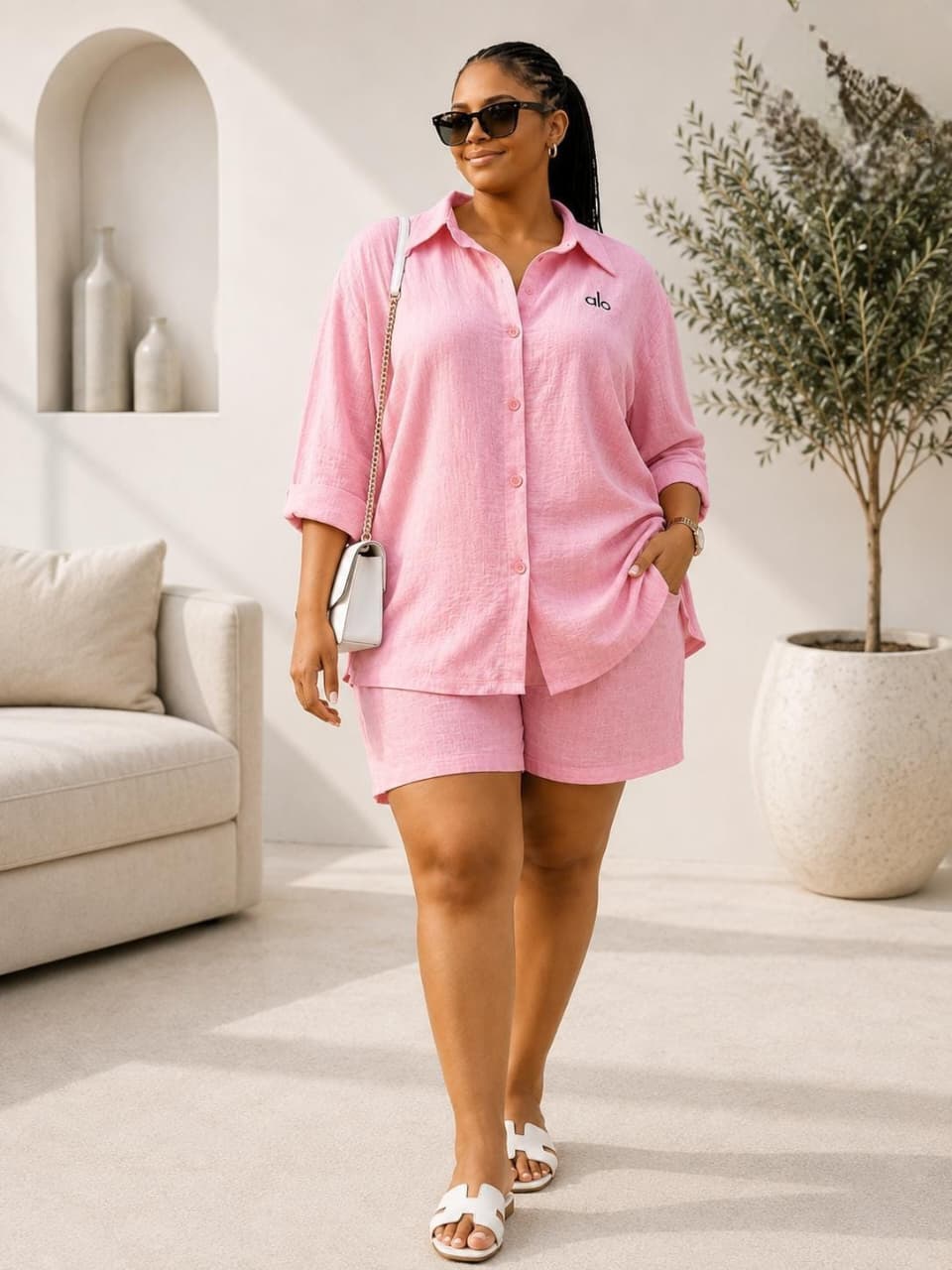 Women’s premium relaxed button-front shirt and matching shorts two-piece set