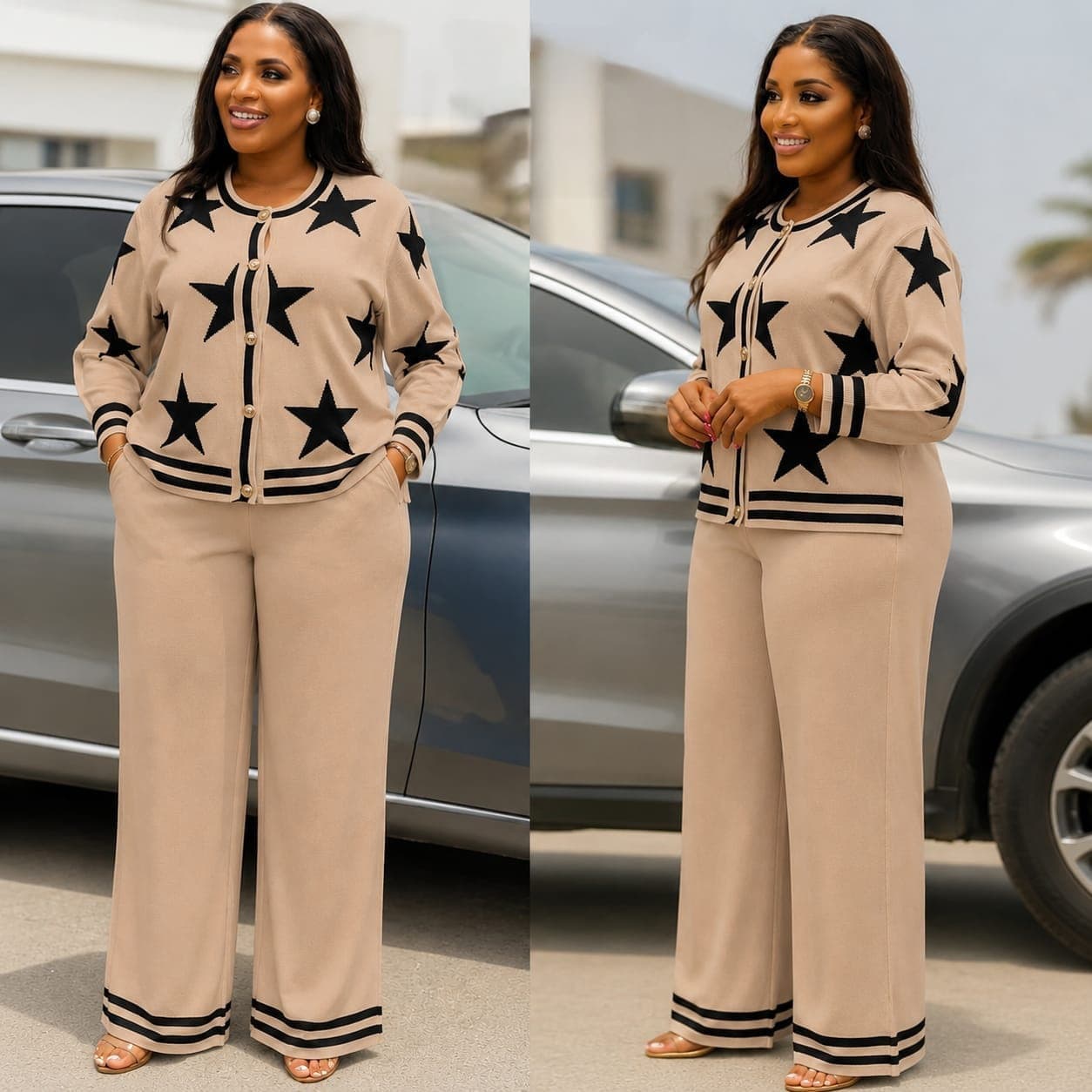Woman wearing women’s star print two-piece knit set