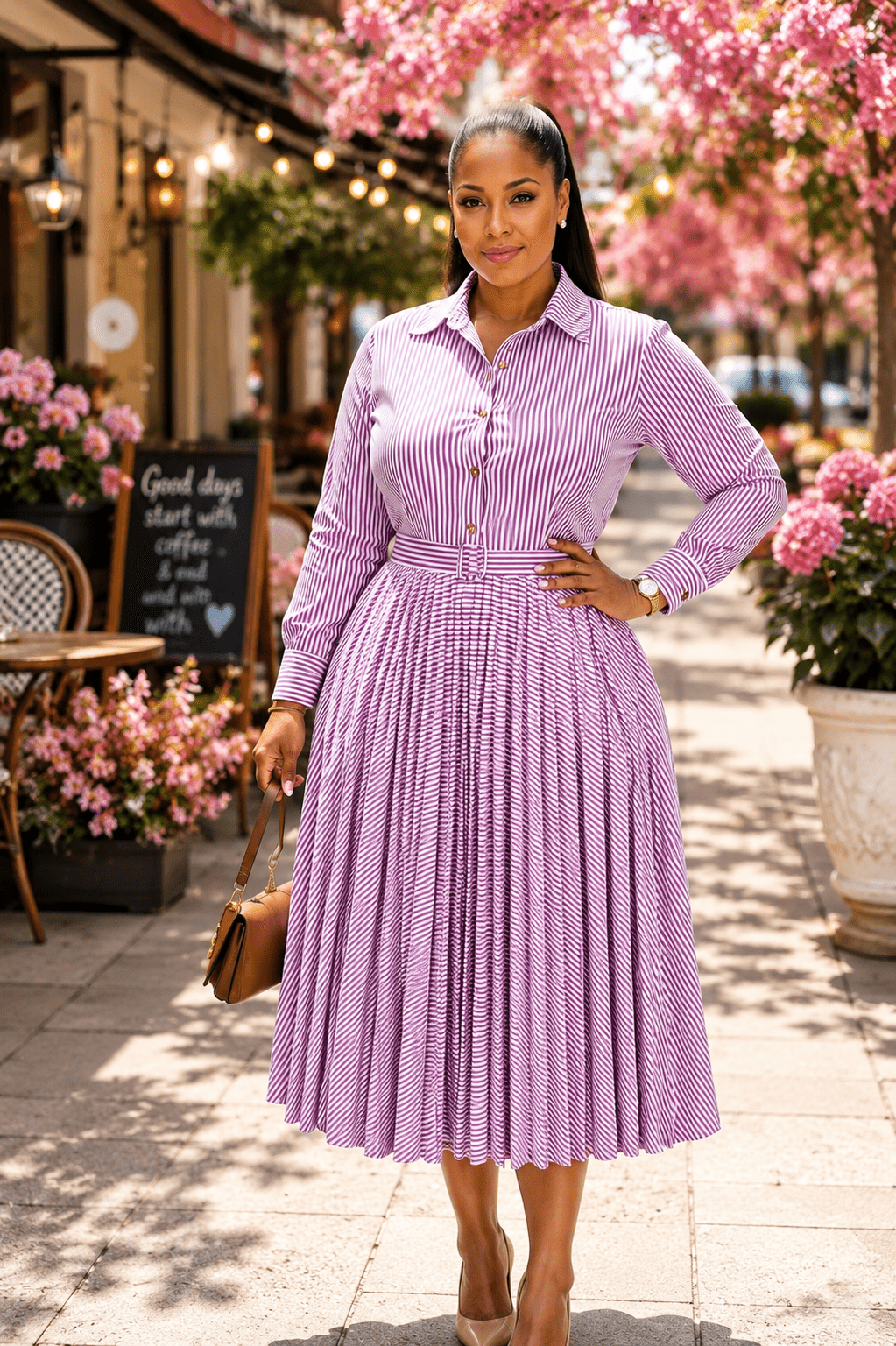 Woman wearing women’s striped pleated midi shirt dress